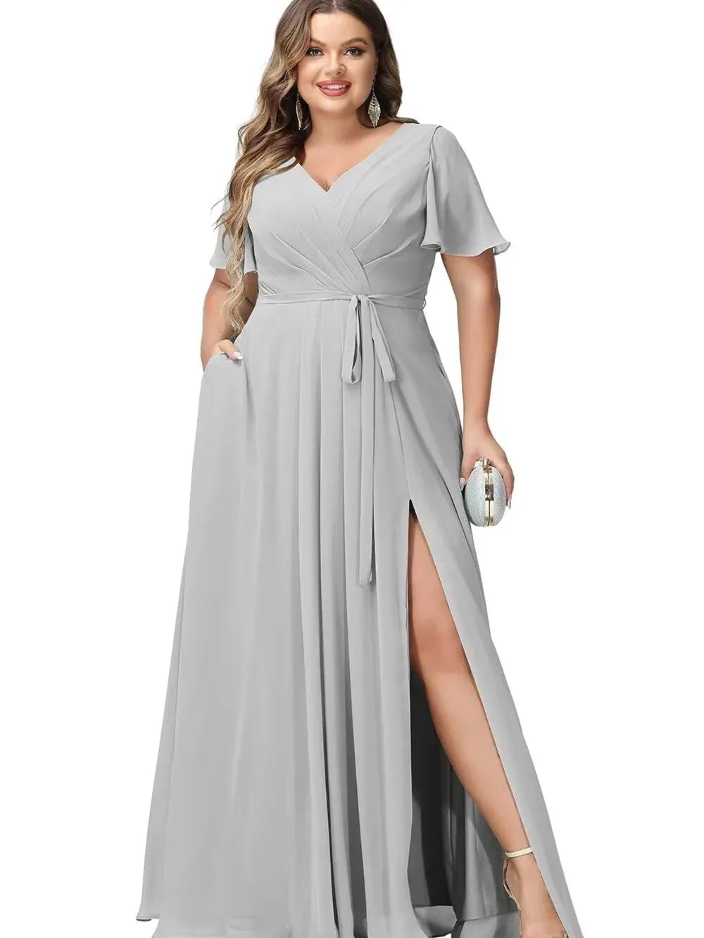 A Line Chiffon V-Neck Short Sleeves Floor-Length Bridesmaid Dresses With Slit