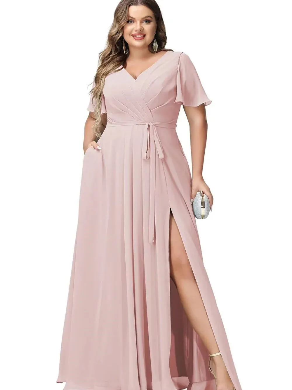 A Line Chiffon V-Neck Short Sleeves Floor-Length Bridesmaid Dresses With Slit