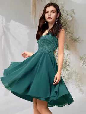 A-Line Cocktail Dresses Flirty Dress Homecoming Graduation Short / Mini Sleeveless V Neck Chiffon Backless with Beading Lace Insert