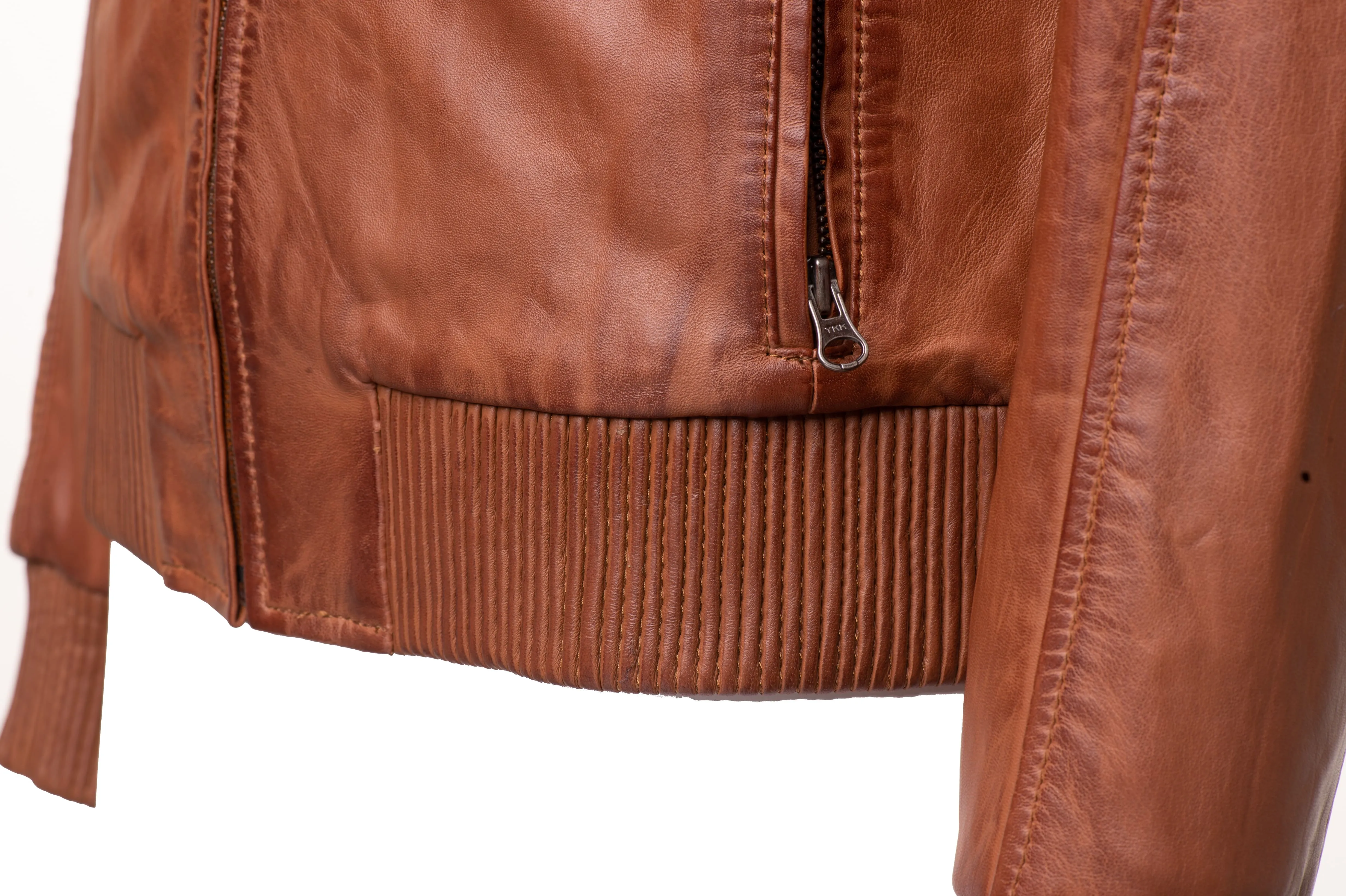 Beltrans sand washed leather jacket with stretch leather hems & cuffs