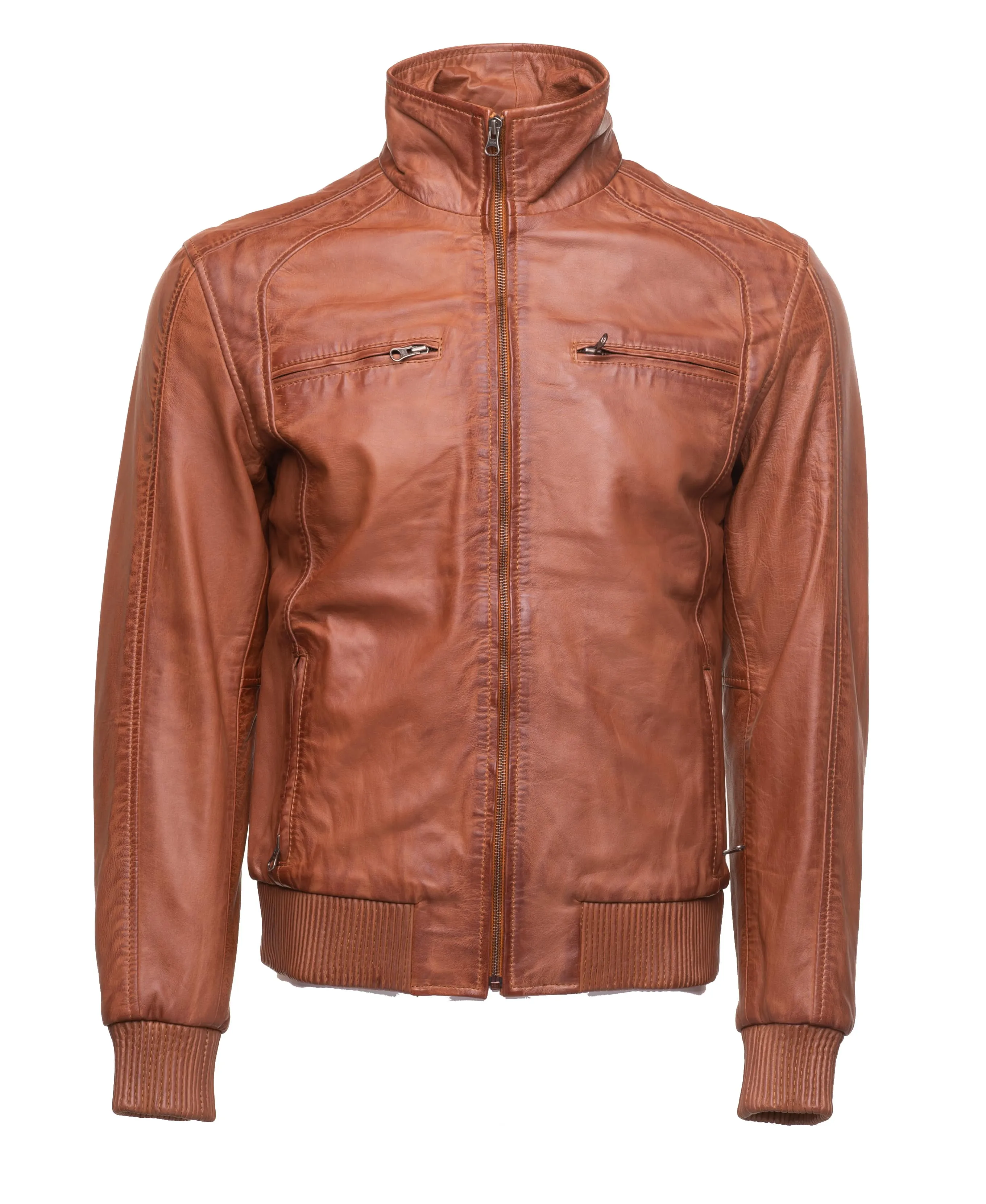 Beltrans sand washed leather jacket with stretch leather hems & cuffs