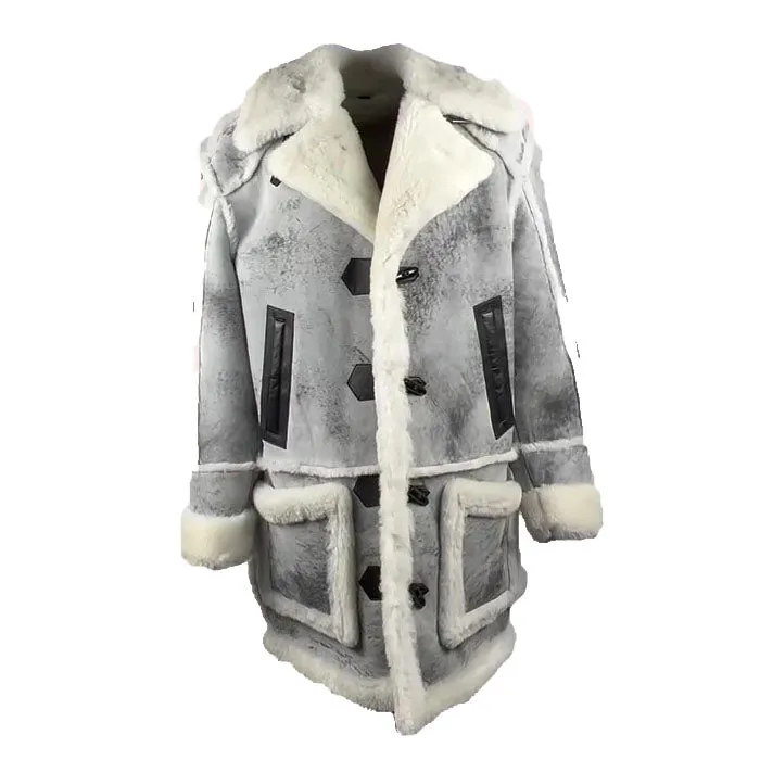 Grey Shearling Overcoat with Distressed Finish by Bret Harry