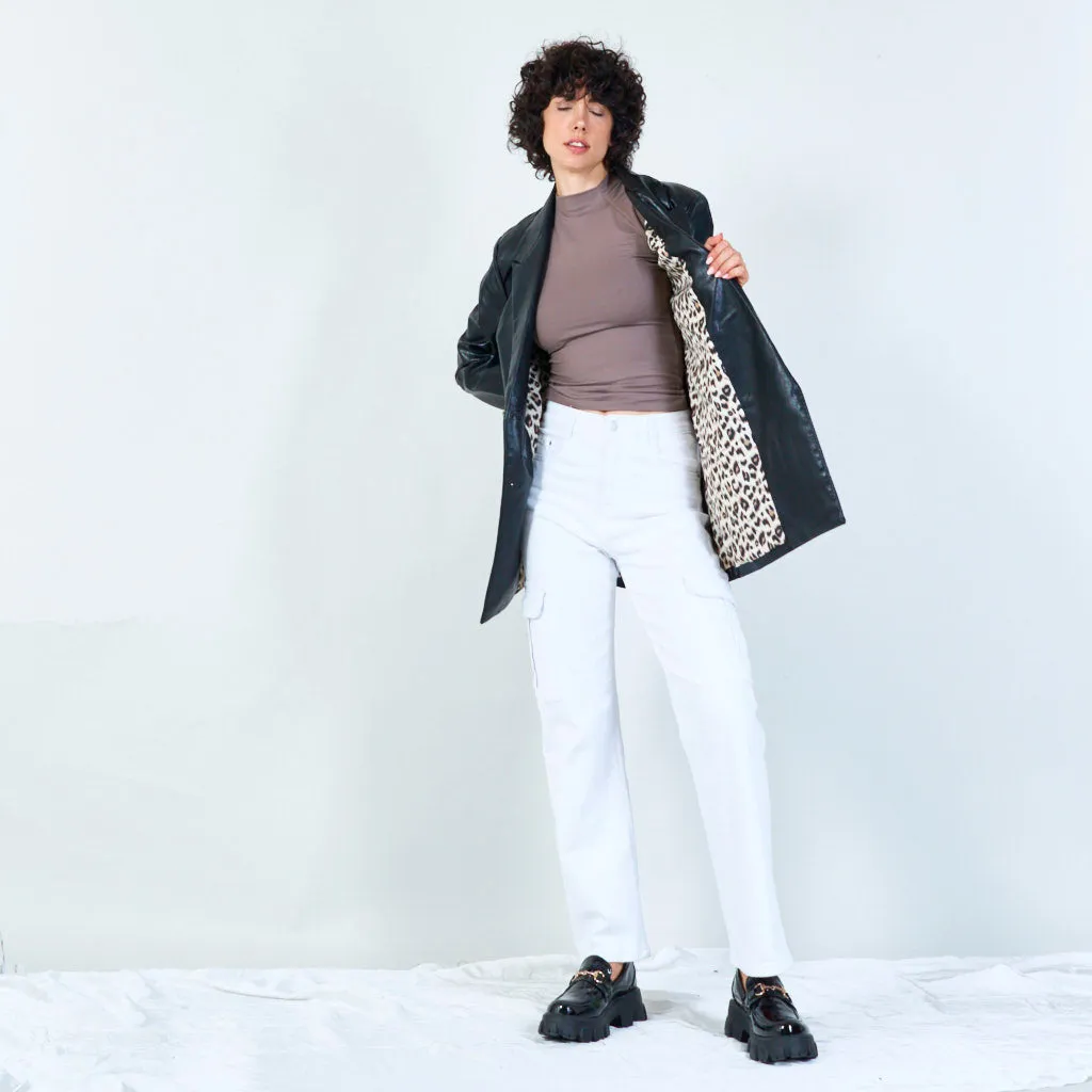 Chic faux leather blazer with leopard print lining wholesale
