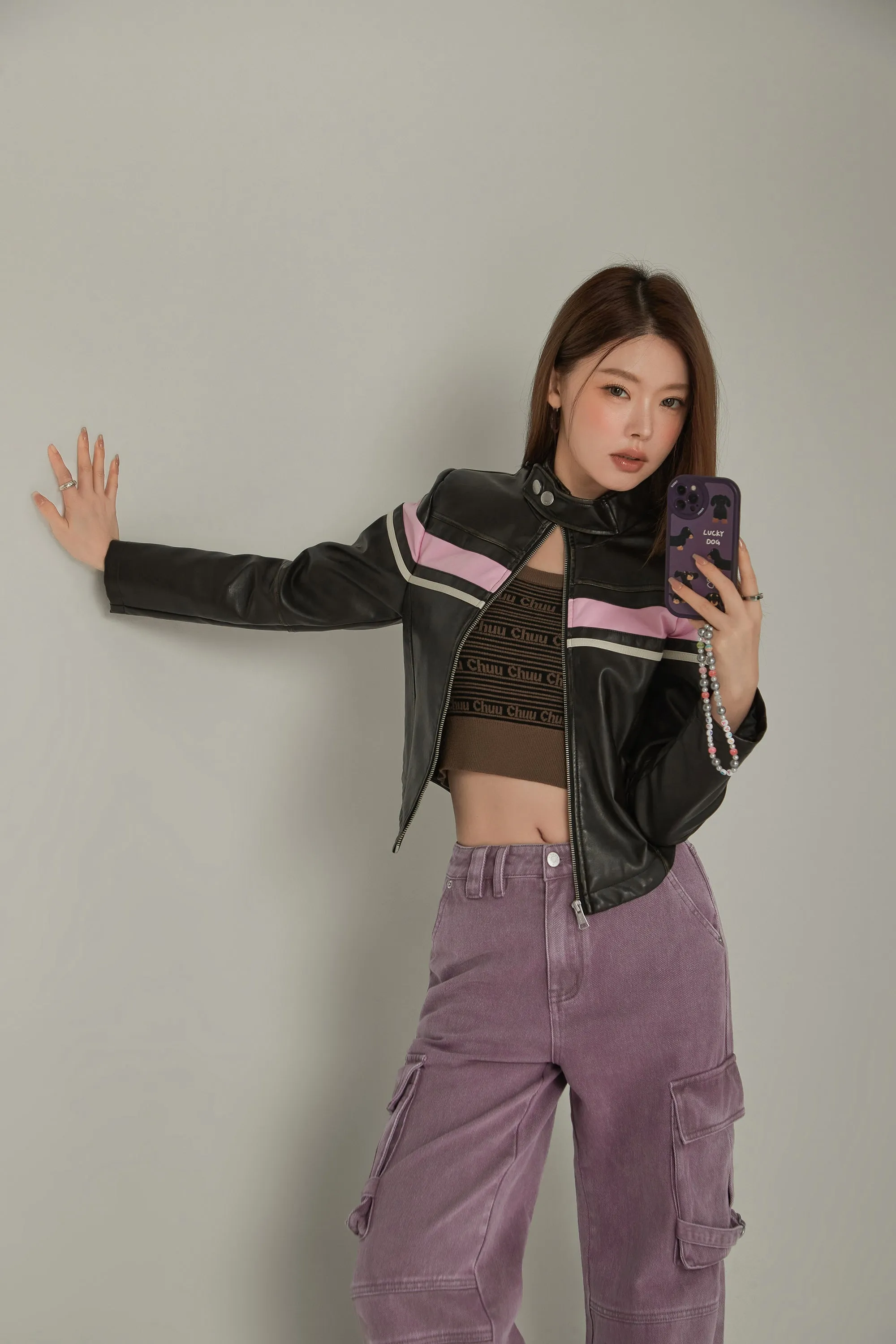 Color Combination Leather Jacket