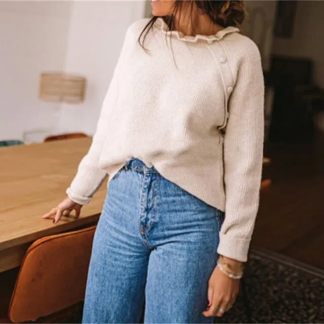 DressBetty - Women Casual Sweater Spring Autumn Long Sleeve Basic Knitted Tops Loose Pullover White Khaki Sweaters for Women