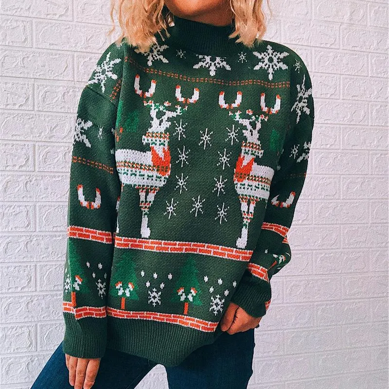 Elk snowflake Christmas tree knitted sweater pullover women