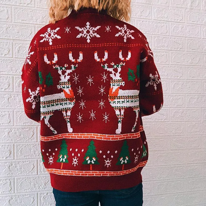Elk snowflake Christmas tree knitted sweater pullover women