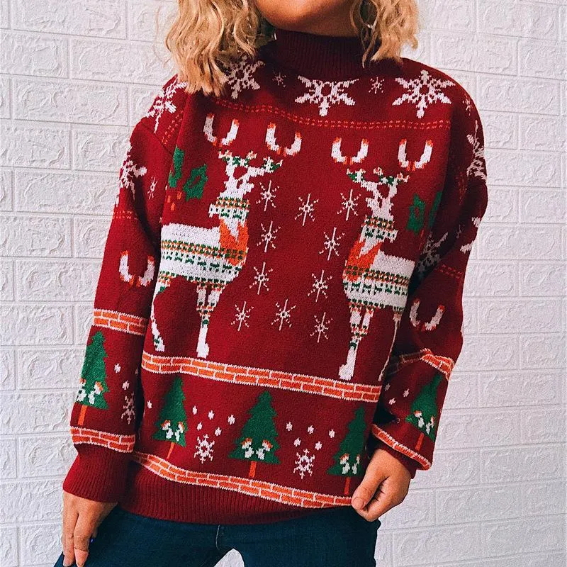 Elk snowflake Christmas tree knitted sweater pullover women