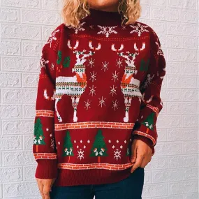 Elk snowflake Christmas tree knitted sweater pullover women