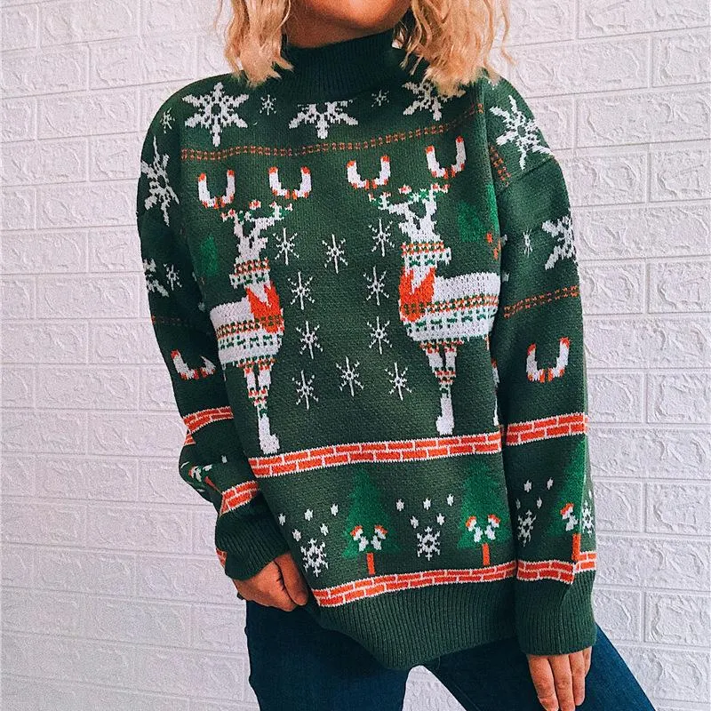Elk snowflake Christmas tree knitted sweater pullover women