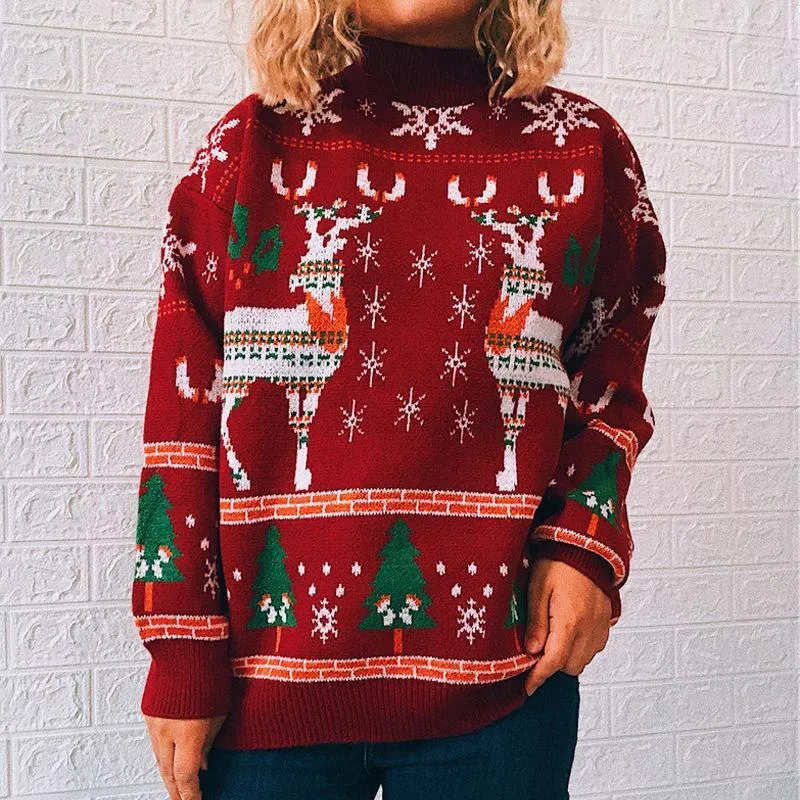 Elk snowflake Christmas tree knitted sweater pullover women