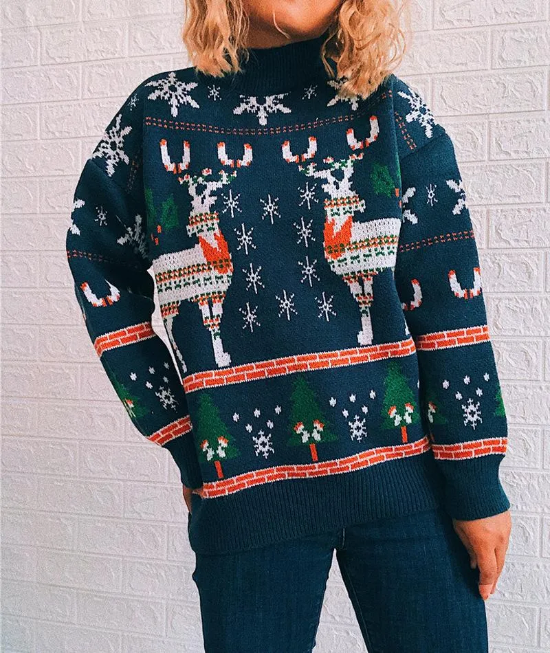 Elk snowflake Christmas tree knitted sweater pullover women