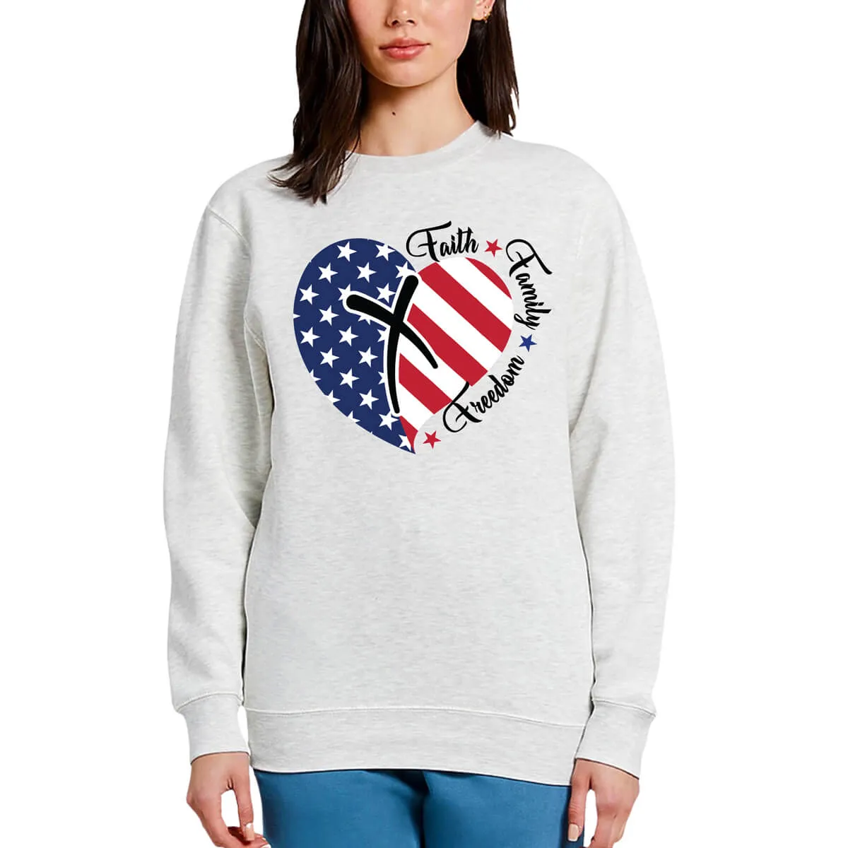 Faith Family Freedom American Flag Heart Crewneck Sweatshirt