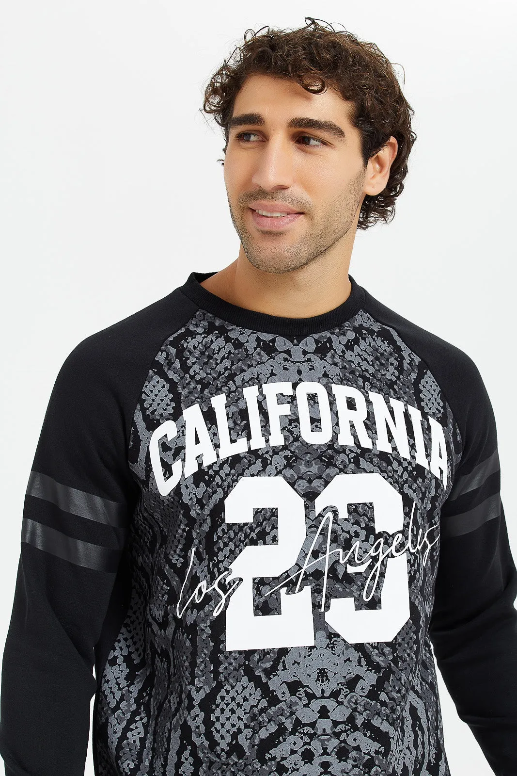 Men Black Python Print Varsity Sweatshirt