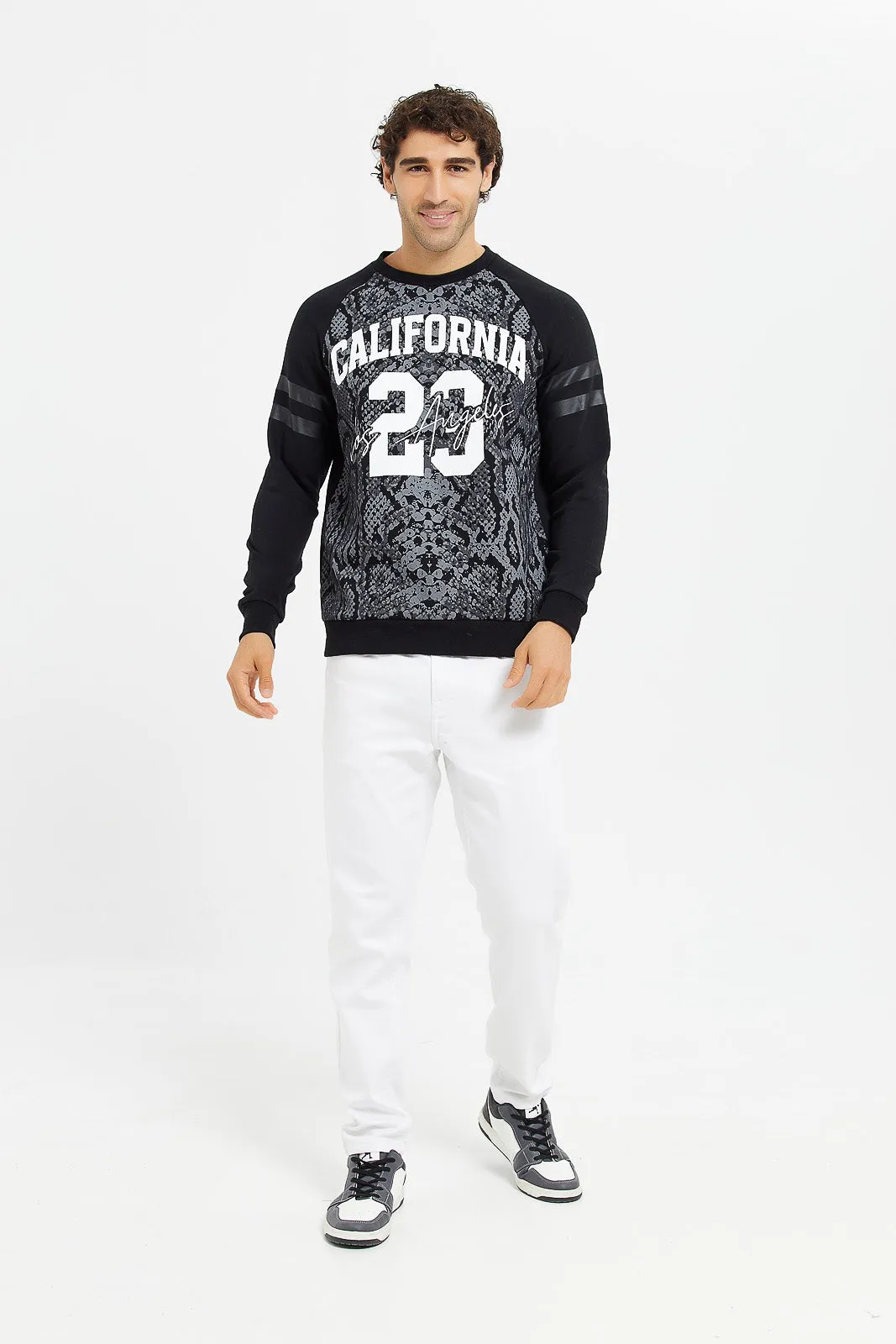 Men Black Python Print Varsity Sweatshirt