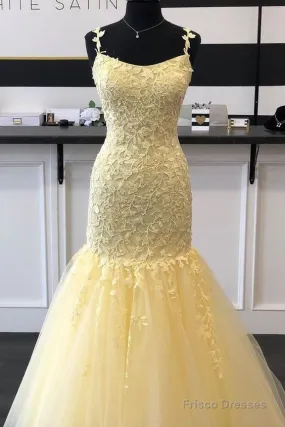Mermaid Long Prom Dresses, Yellow Lace Prom Dresses, Modest Evening Party Dresses