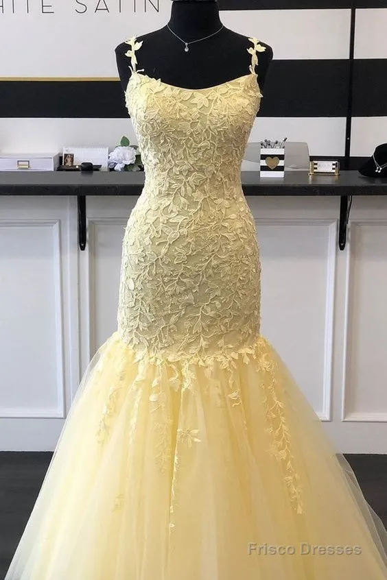 Mermaid Long Prom Dresses, Yellow Lace Prom Dresses, Modest Evening Party Dresses