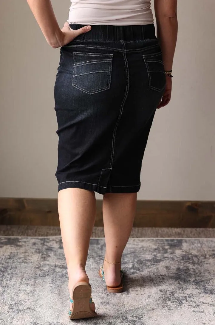 Black Midnight Comfort Elastic Stretch Denim Skirt.