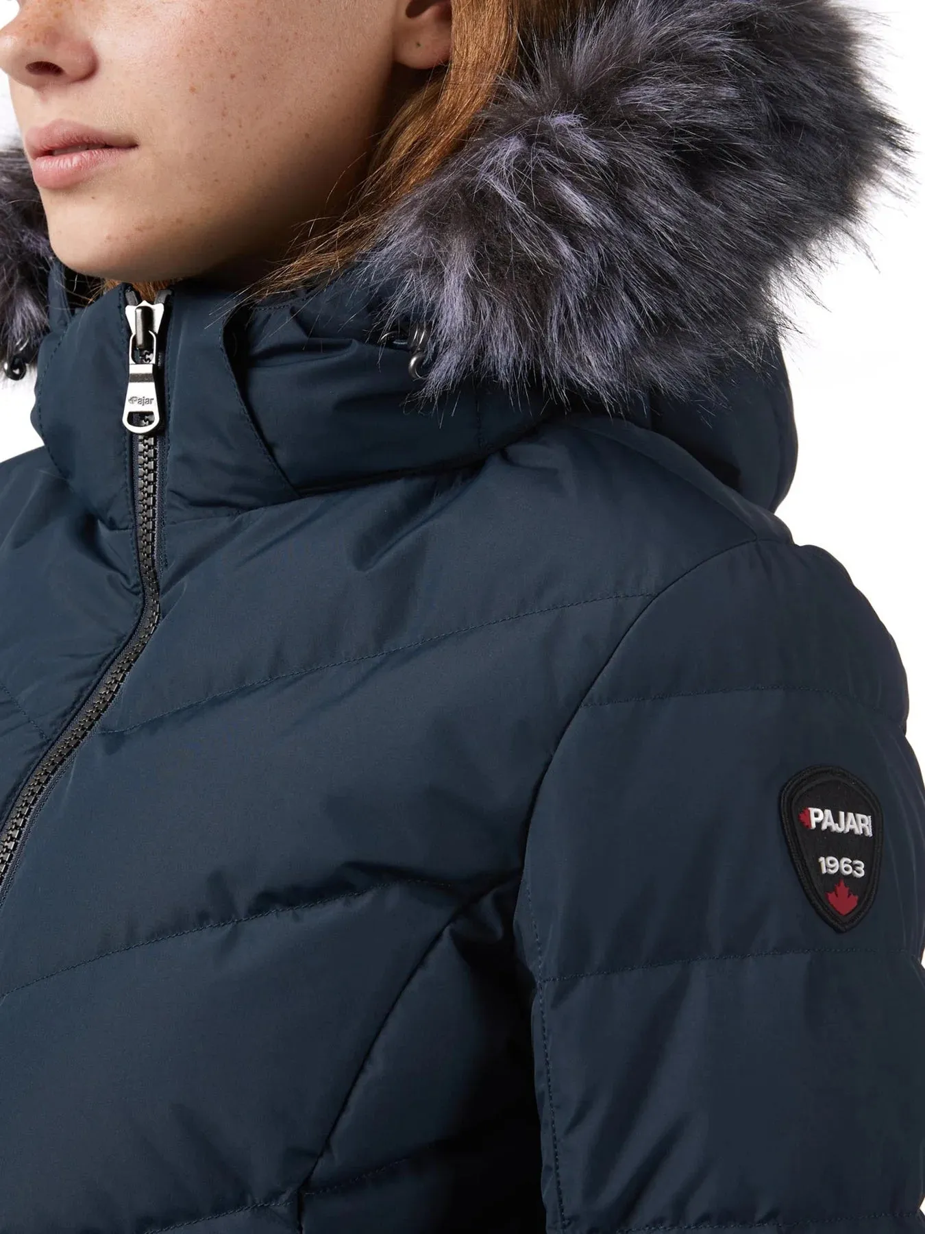 Sure! Here’s an optimized title for the product:

Womens Pajar Queens Mid-Length Jacket with Real Fur Trim and Chevron Quilted Design - Navy