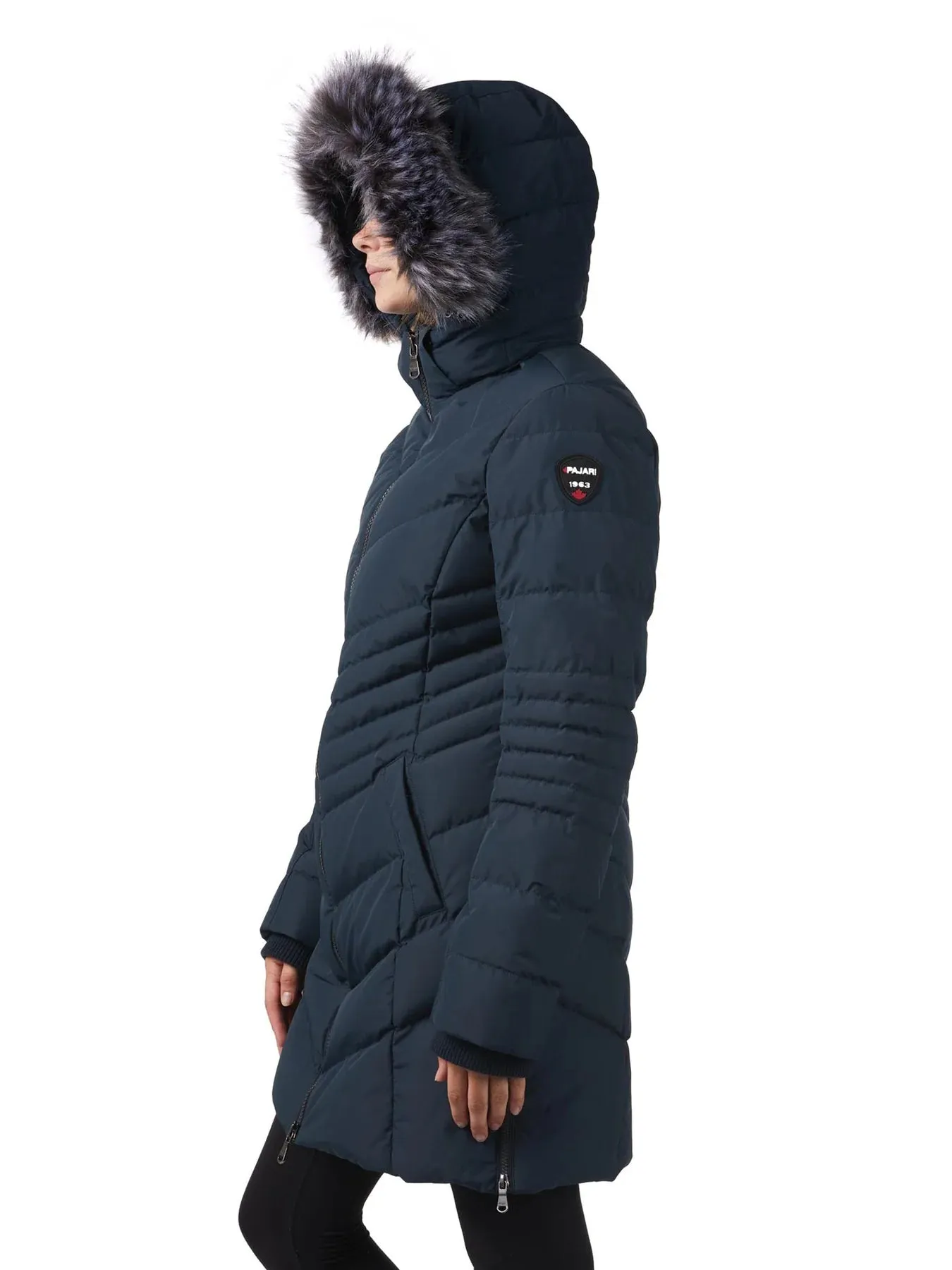 Sure! Here’s an optimized title for the product:

Womens Pajar Queens Mid-Length Jacket with Real Fur Trim and Chevron Quilted Design - Navy