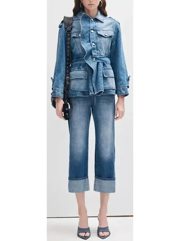 Women’s Blue Denim Tiered Peplum Jacket