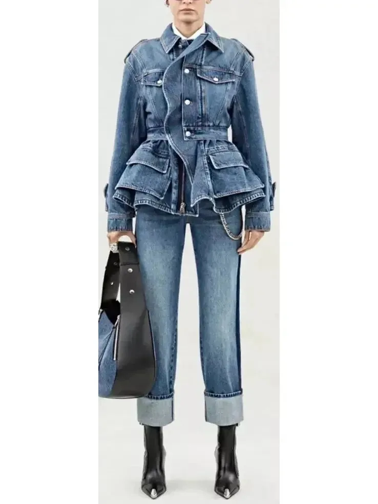 Women’s Blue Denim Tiered Peplum Jacket