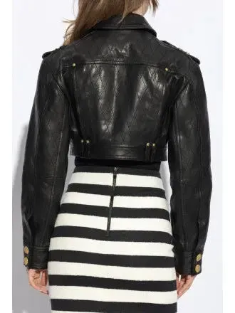 Women’s Cropped Leather Jacket with Gold Button Embellishments