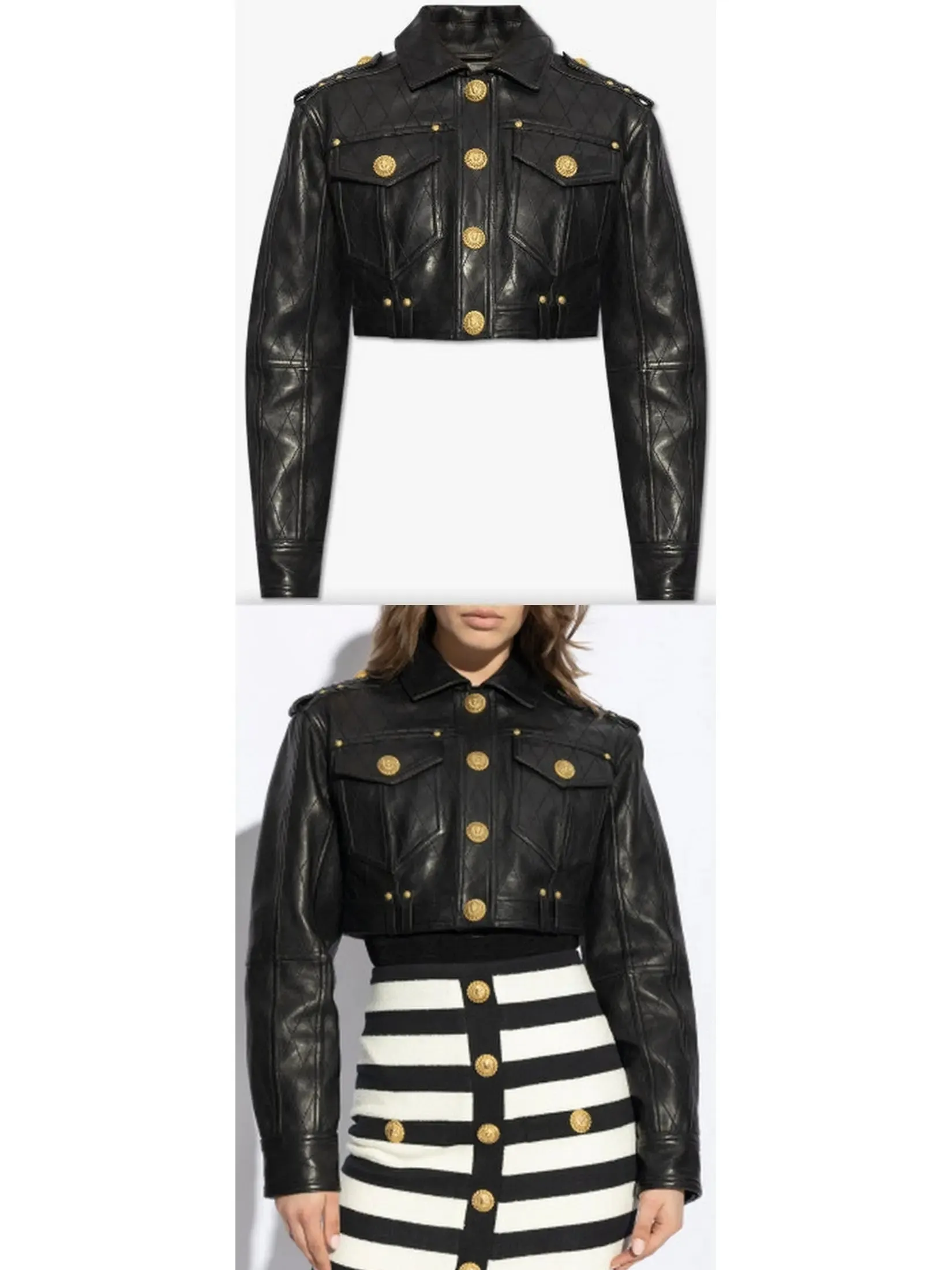Women’s Cropped Leather Jacket with Gold Button Embellishments