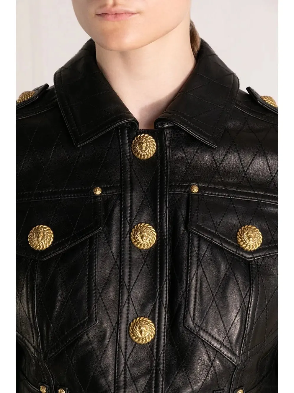 Women’s Cropped Leather Jacket with Gold Button Embellishments