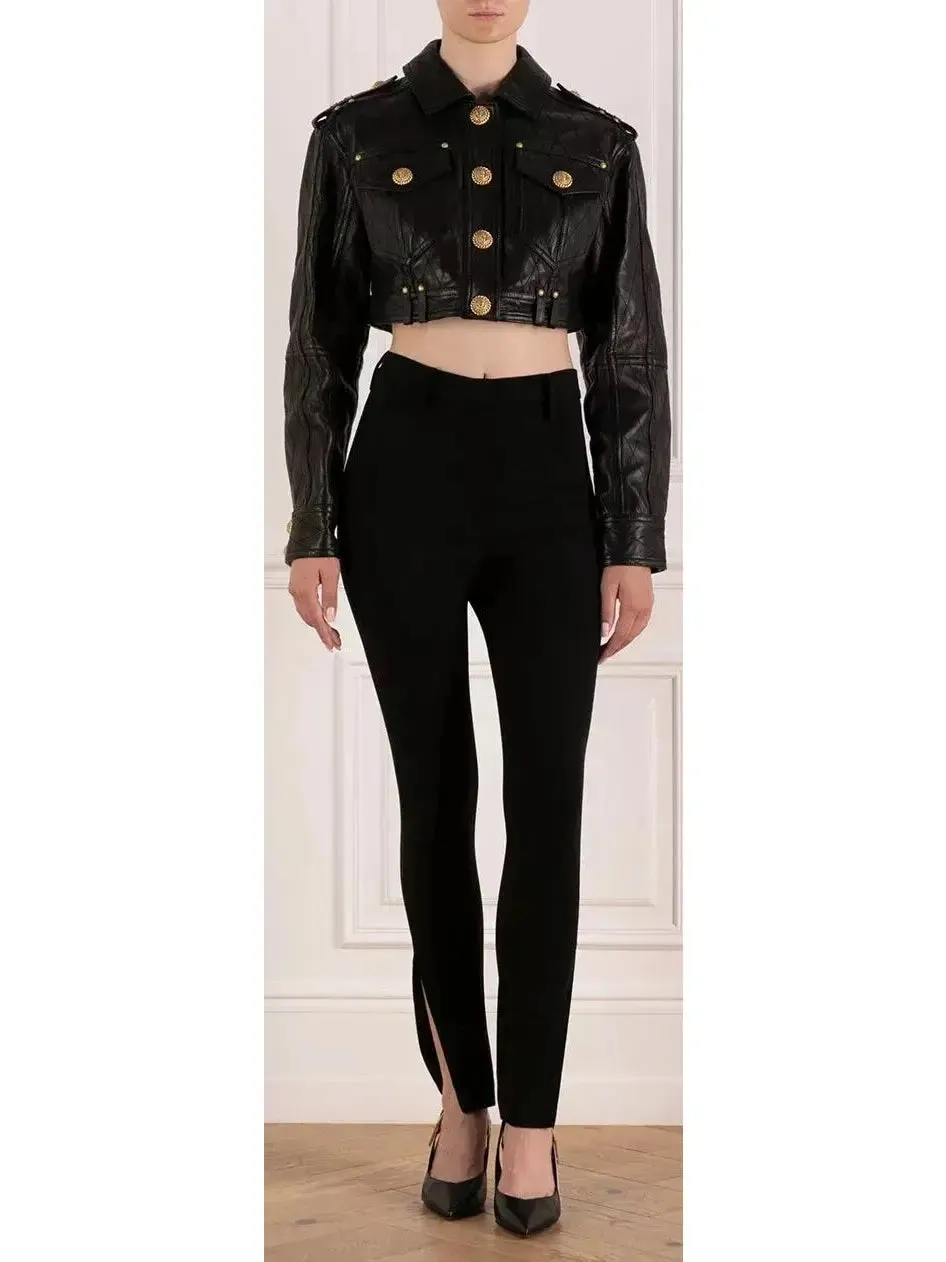 Women’s Cropped Leather Jacket with Gold Button Embellishments