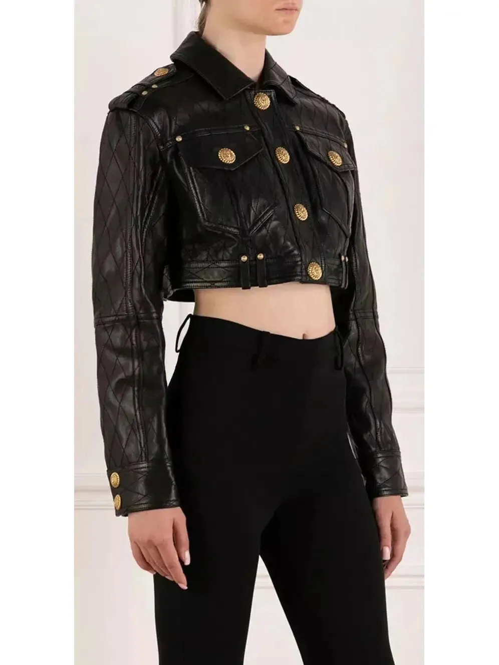 Women’s Cropped Leather Jacket with Gold Button Embellishments