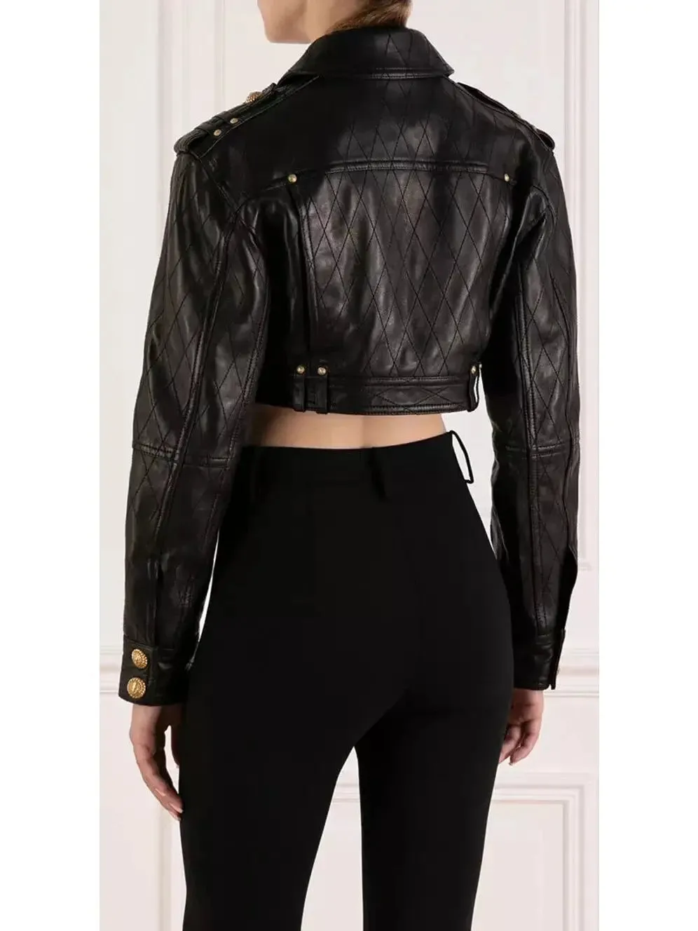 Women’s Cropped Leather Jacket with Gold Button Embellishments