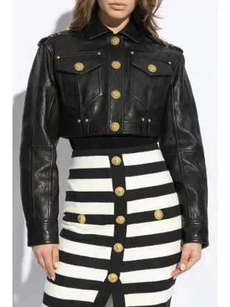 Women’s Cropped Leather Jacket with Gold Button Embellishments